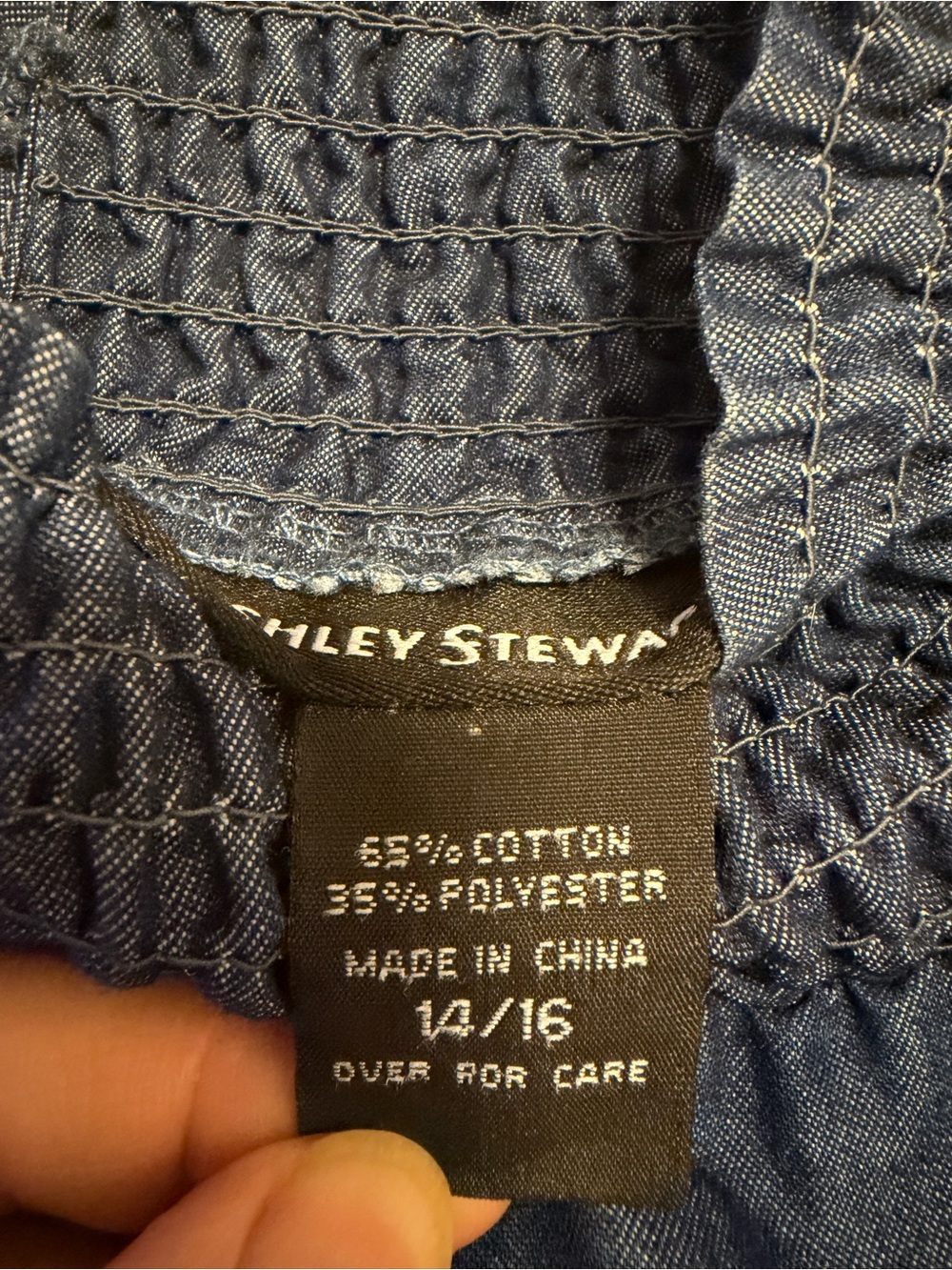 Ashley Stewart Denim Peplum Top Smocked Neck Puff Sleeves Blue Size 12/16 - Picture 4 of 12